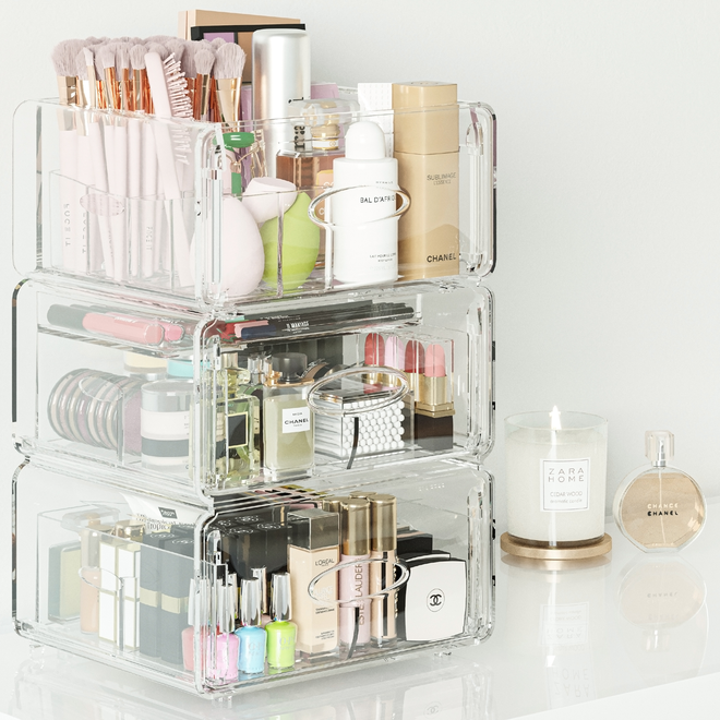  JOI SEE ME Luxury Makeup Organizer with Clear Storage Drawers  For Makeup, Brushes, Palettes, Skin & Hair Care, FULL PACK SIZE – Stacking  Large Sectioned Clear Makeup Stand Organizer for Vanity 
