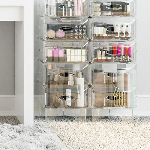  JOI SEE ME Luxury Makeup Organizer with Clear Storage Drawers  For Makeup, Brushes, Palettes, Skin & Hair Care, FULL PACK SIZE – Stacking  Large Sectioned Clear Makeup Stand Organizer for Vanity 